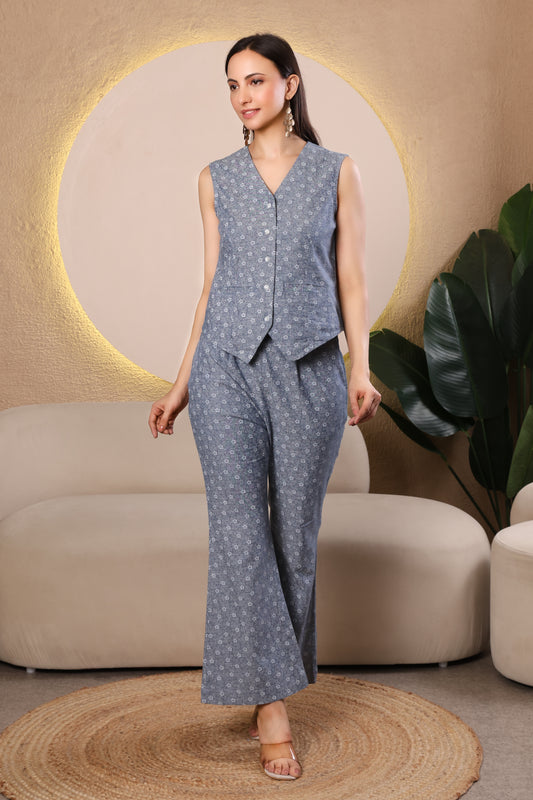 Blue Floral Printed Ethnic Co-ord Set – Casual & Workwear Indian Outfit