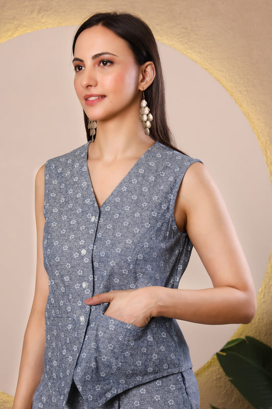 Blue Floral Printed Ethnic Co-ord Set – Casual & Workwear Indian Outfit
