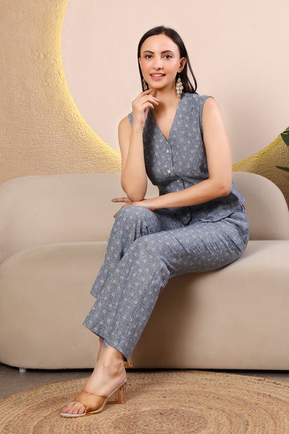 Blue Floral Printed Ethnic Co-ord Set – Casual & Workwear Indian Outfit